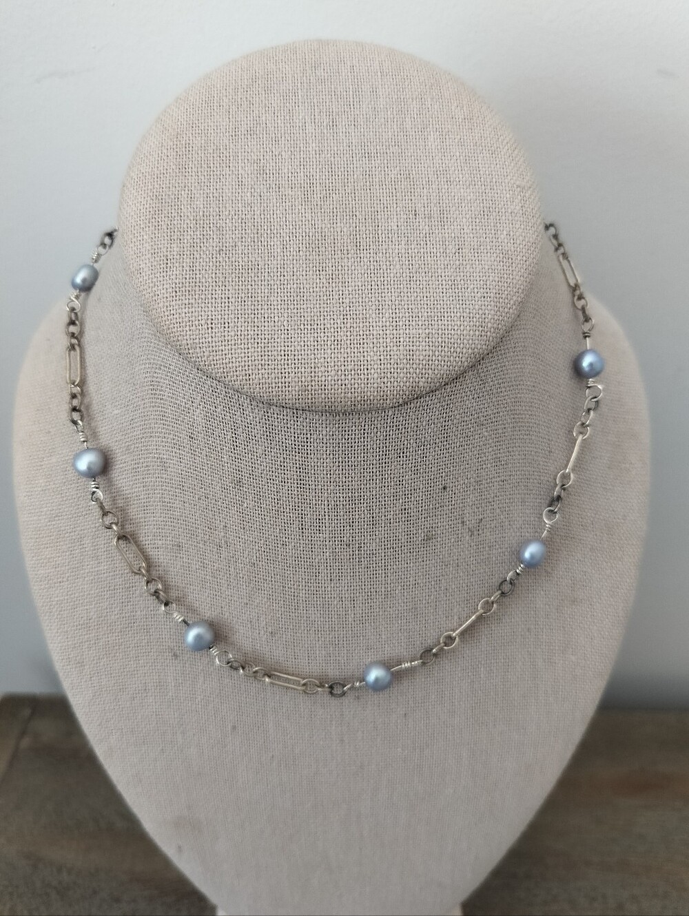 925 Sterling Silver Chain Necklace with Light Blue Pearls